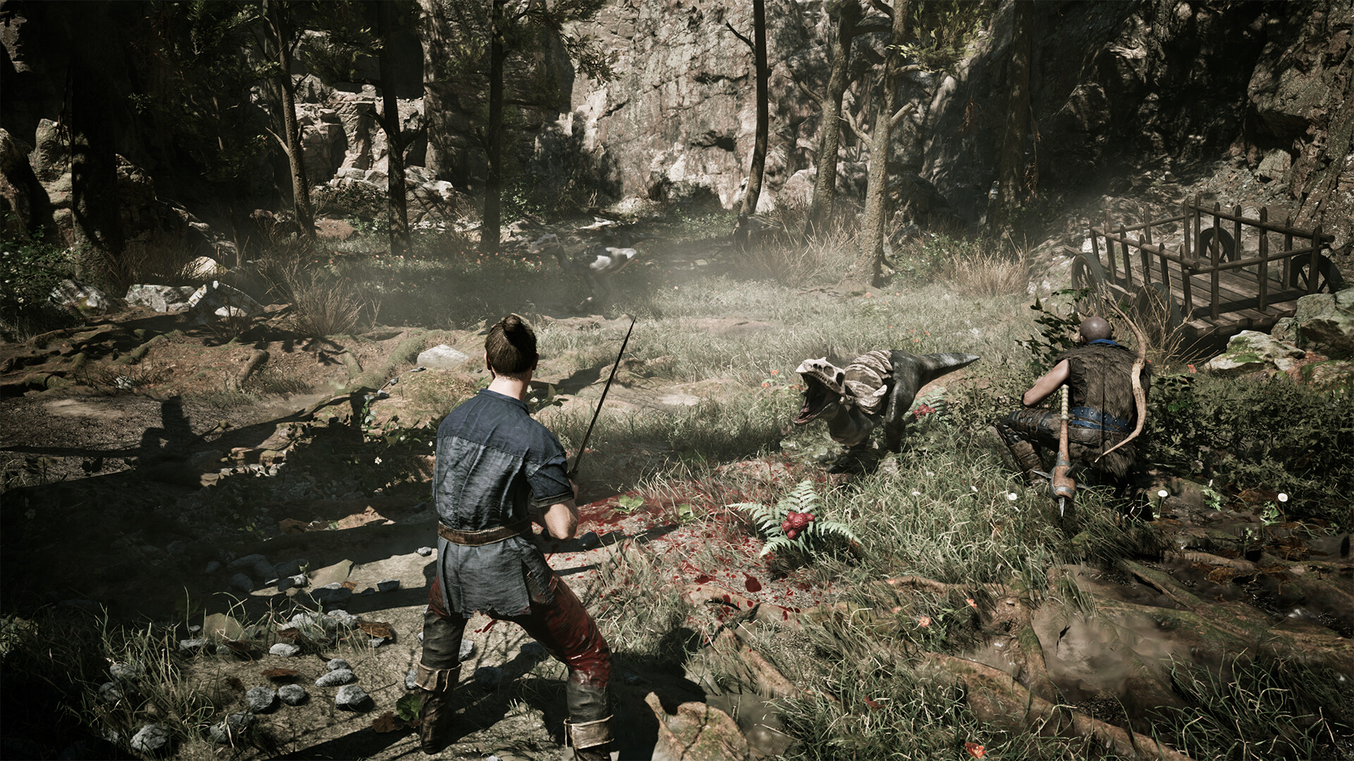 Exploración del bosque con iluminación realista y criaturas acechando.