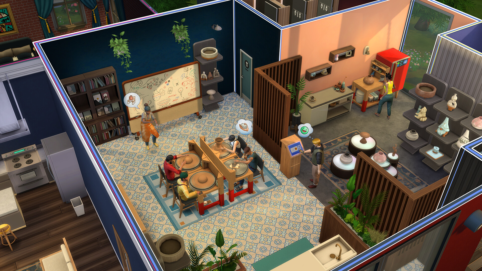 Captura de pantalla de un sim atendiendo su propia tienda en The Sims 4 Businesses & Hobbies.