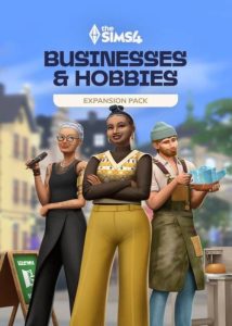 Portada de The Sims 4 Businesses & Hobbies mostrando sims con negocios y aficiones creativas.