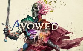 Un héroe lanzando un hechizo de fuego mientras sostiene una espada rúnica en los paisajes mágicos de Avowed.