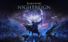 Un Sinluz alzando su espada frente a un imponente castillo bajo un eclipse eterno en ELDEN RING NIGHTREIGN.
