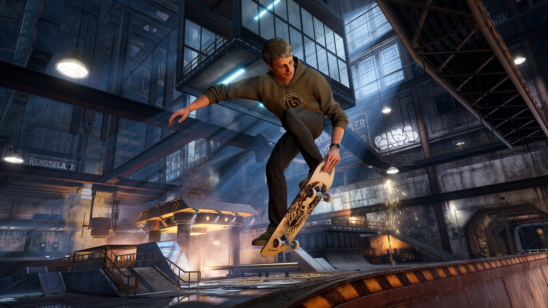 Tony Hawk realizando un kickflip sobre una rampa en el modo clásico de Tony Hawk’s Pro Skater 3 + 4.