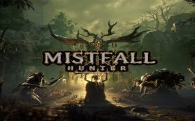 Escena de exploración y enfrentamientos con criaturas peligrosas en el mundo de Mistfall Hunter.