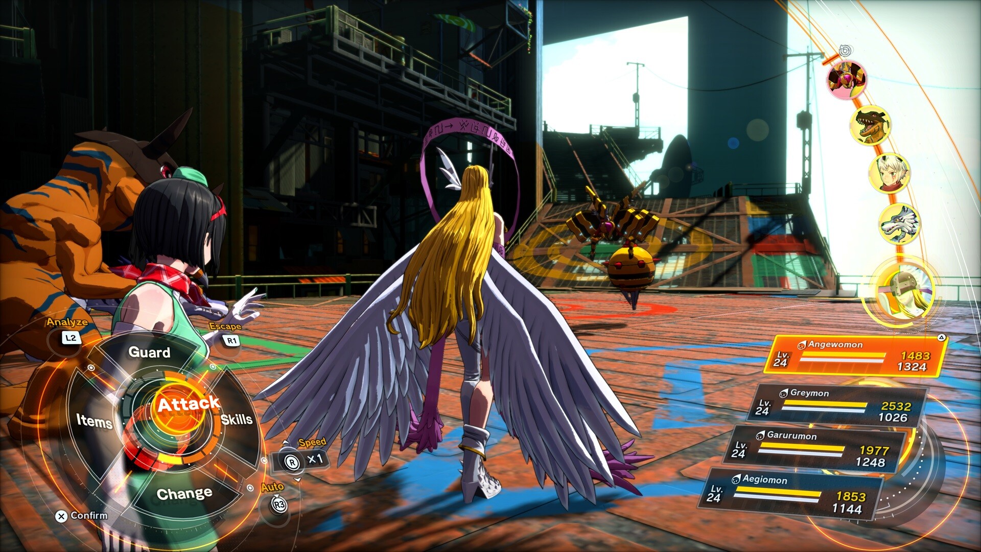 Escena cinemática con un Digimon evolucionando bajo una luz azul brillante