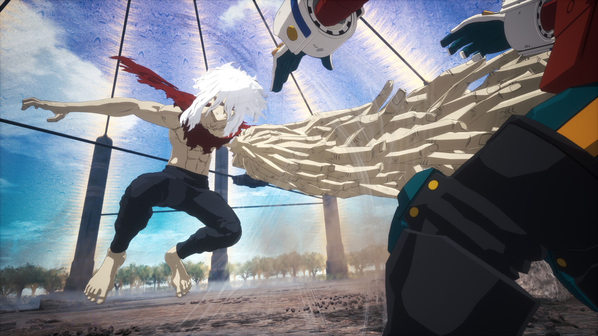 Bakugo realizando una explosión masiva contra un enemigo en una zona urbana