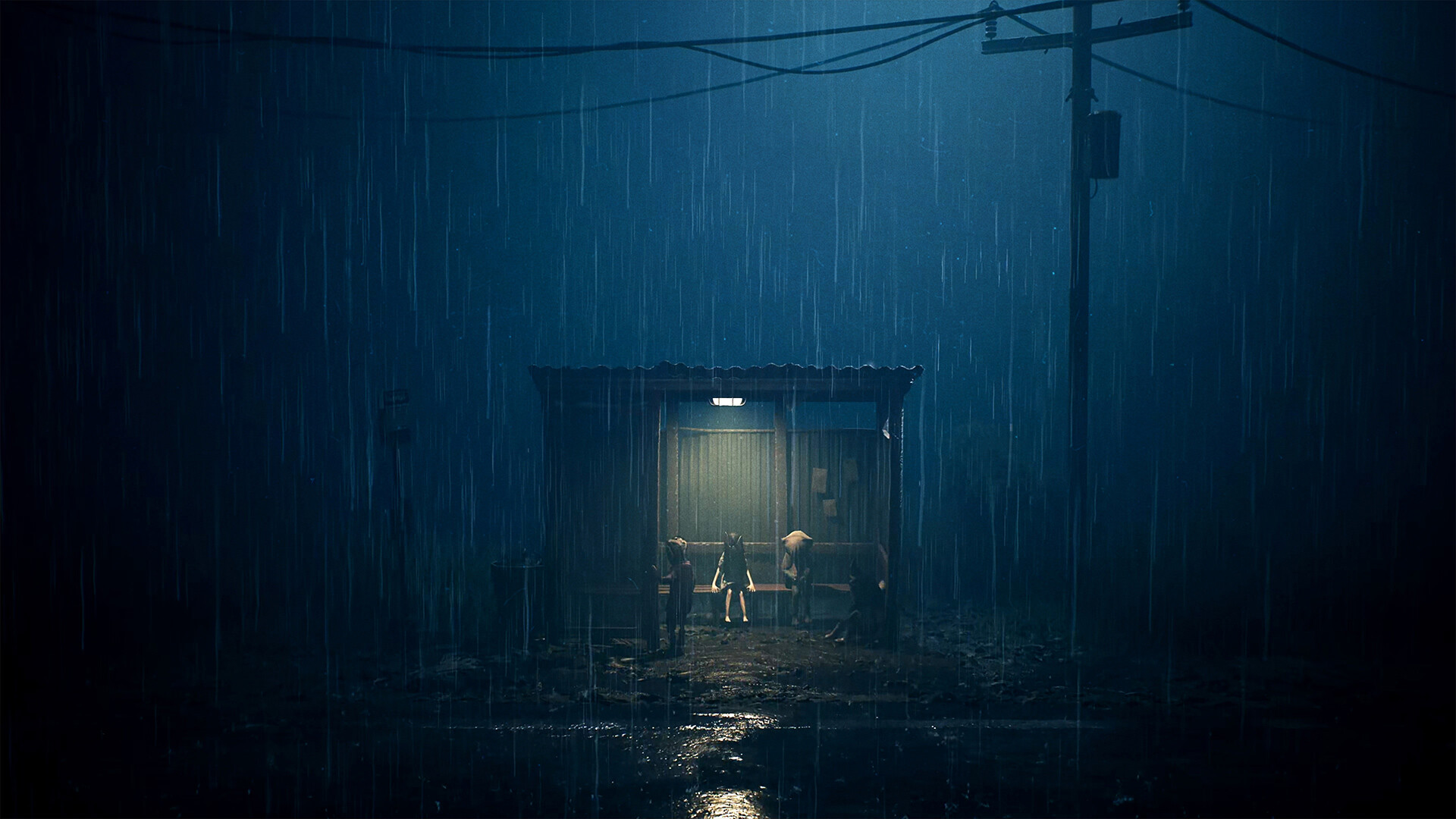 Personajes huyendo de una criatura gigante con forma de animal deforme en un bosque oscuro