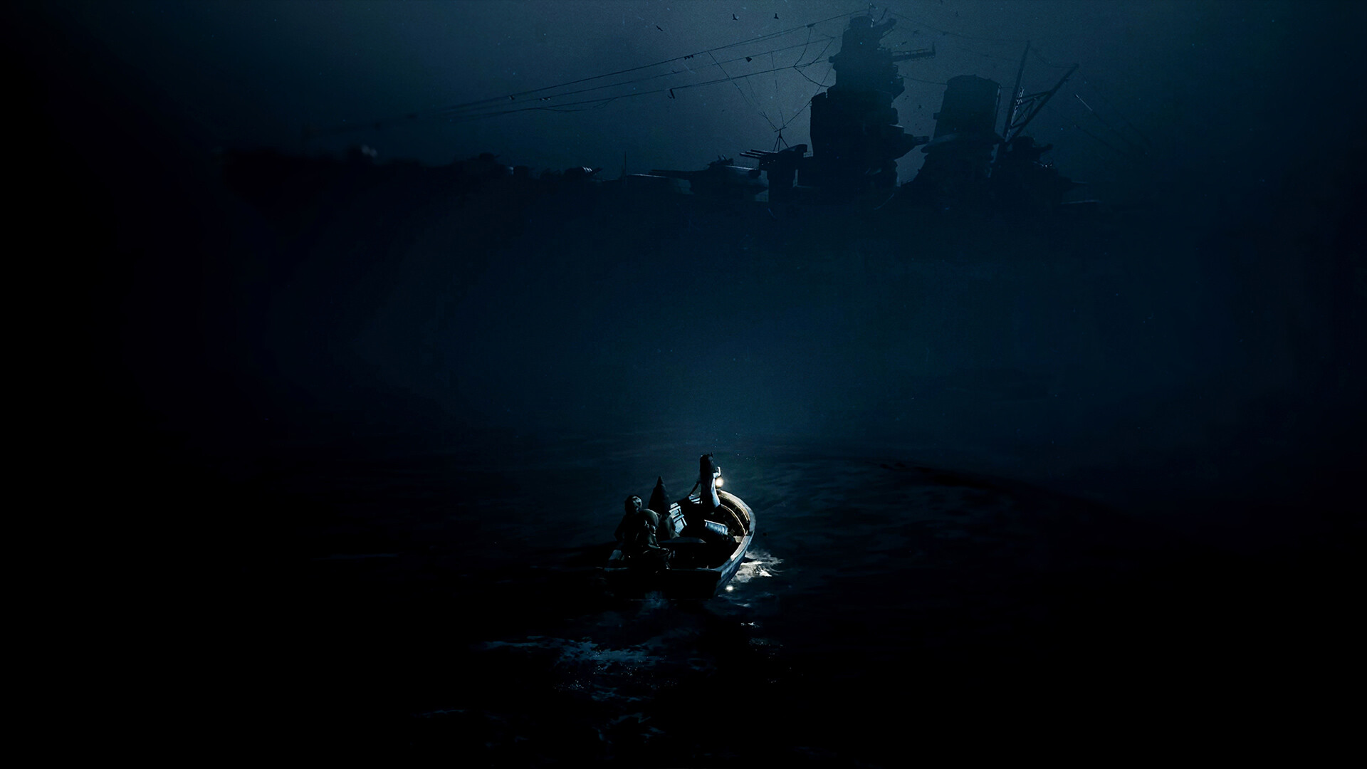 Un bote navegando por un mar de lodo bajo un cielo de color sepia inquietante