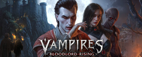 Un poderoso señor vampiro alzándose sobre su trono gótico rodeado de sombras y magia de sangre en Vampires Bloodlord Rising para PC hoy mismo ya disponible.